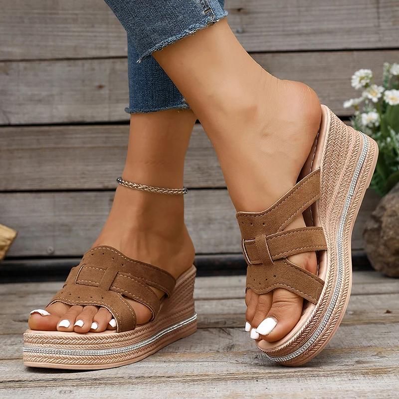 Fashion Thick Sole Wedge Sandals for Women PU Leather Woven Chunky Platform Slippers Woman Summer Thick Sole Beach Shoes Slides