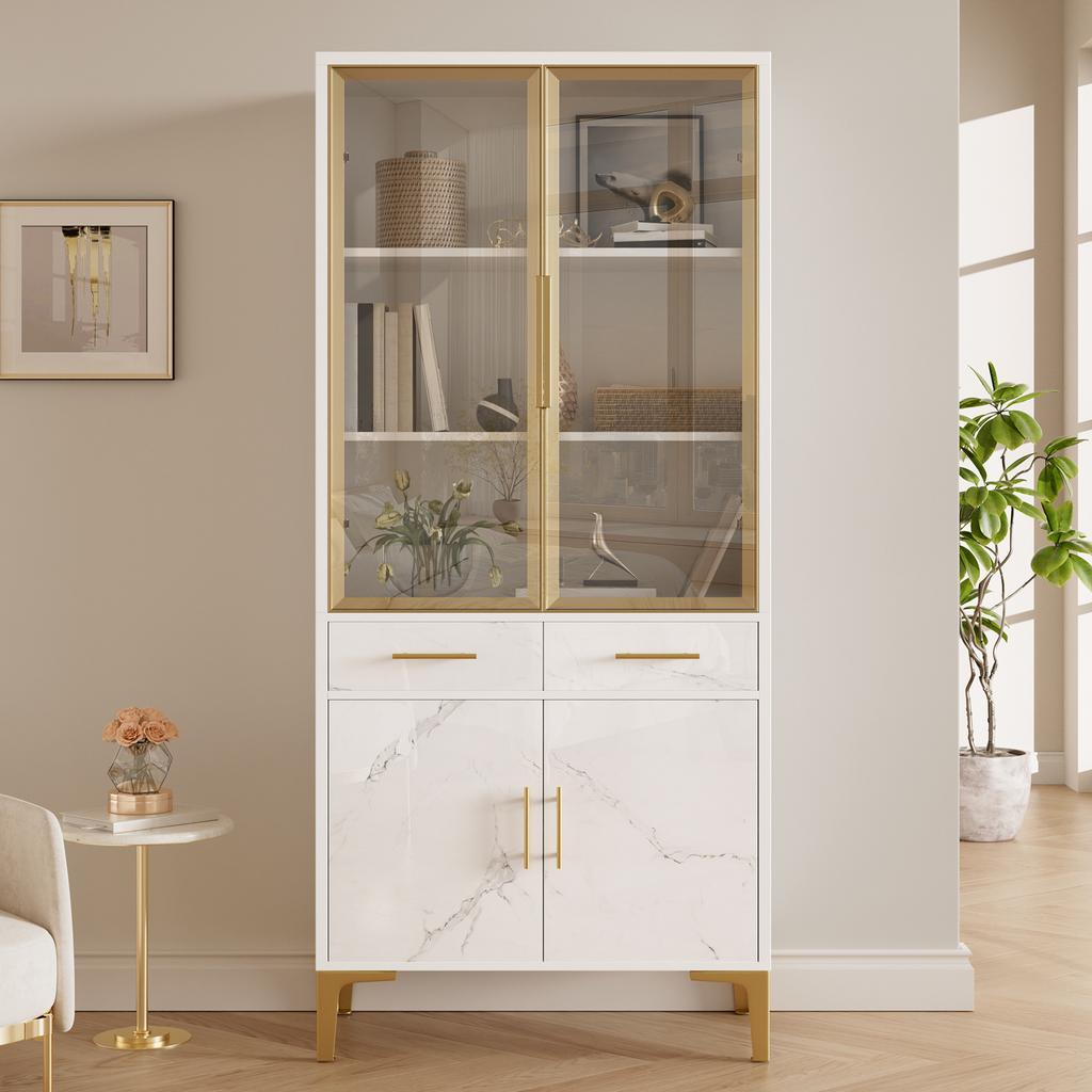 Armadio Alto, Vetrina, Credenza, Mobile da Sala da Pranzo, Vetrina Alta con Ante in Vetro LED APP Effetto Marmo Lucido 2 Cassetti Piedi in Metallo