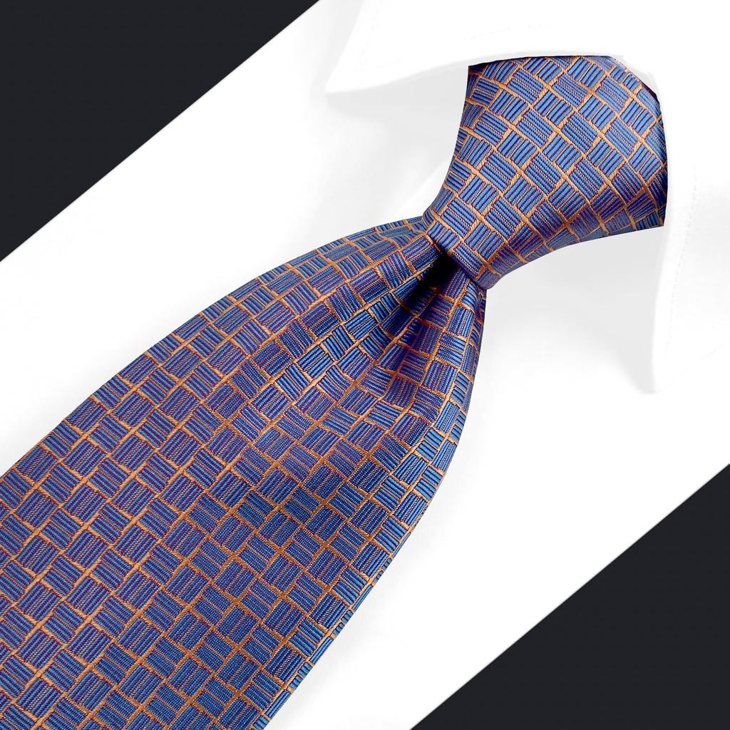 [S&W SHLAX&WING] Herrenkrawatte, Geometrisches Muster, Blau & Orange, Gewebtes Karomuster, Anzug, Seidige Haptik, Trauzeugen Geschenk, Klassisch, 147cm