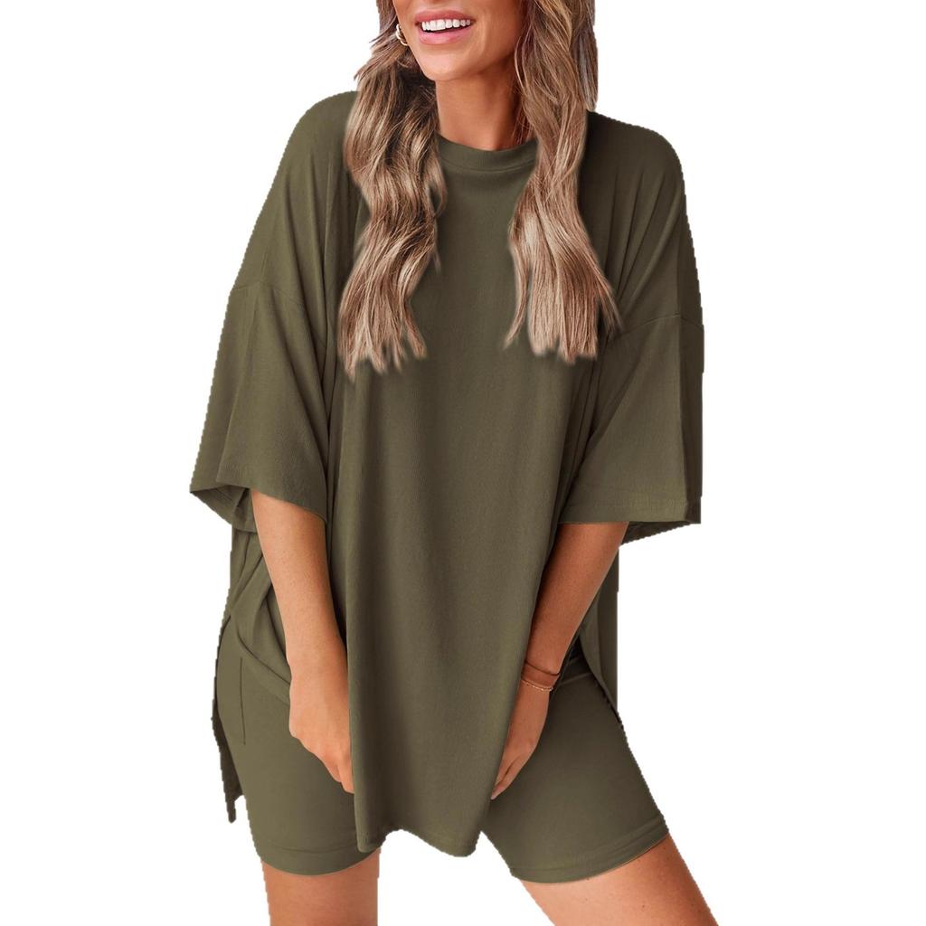 Conjunto de Pijama de Dos Piezas para Mujer con Top Oversize de Manga Corta y Shorts con Bolsillos
