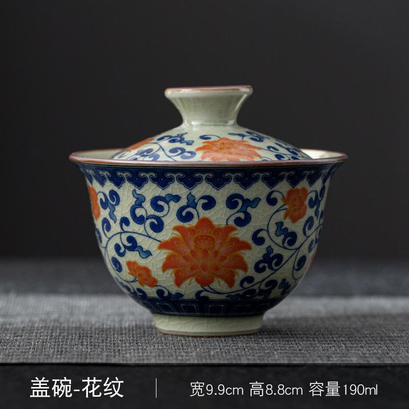 Винтажная керамическая чаша с крышкой из печи Ру с трещинами, большая, Санцай, ручная роспись, вьющийся лотос, чайная чаша, сине-белая, подглазурная красная мачта