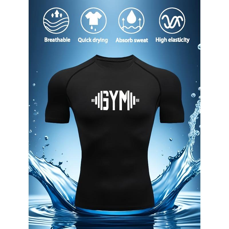Men's White Compression T-Shirt with Black GYM Dumbbell Print Elastic Quick Drying Breathable Moisture Wicking Gym Workout & WeightliftingTraining Top