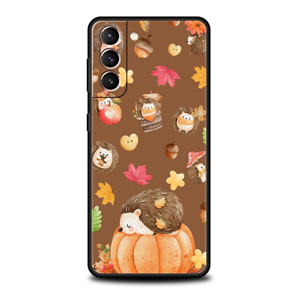 Autumn Cute Hedgehog Design Phone Case For Samsung Galaxy S26 Ultra S25 Plus S24 FE S23 S22 5G S21 S20 Cover Black Soft