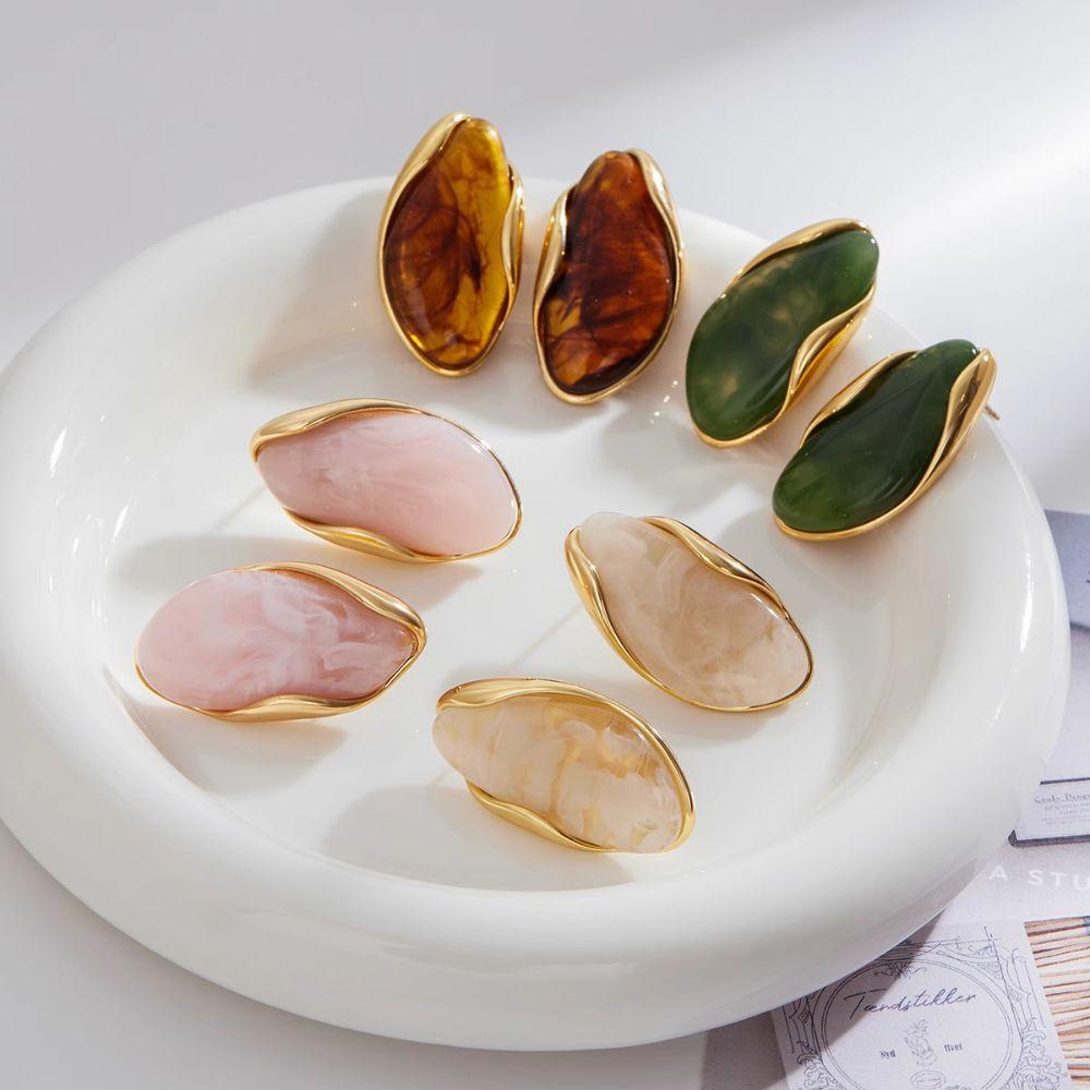 Stainless Steel Geometric Shape Rings Color Resin Vintage Finger Rings Women Earrings  Jewelry Gift