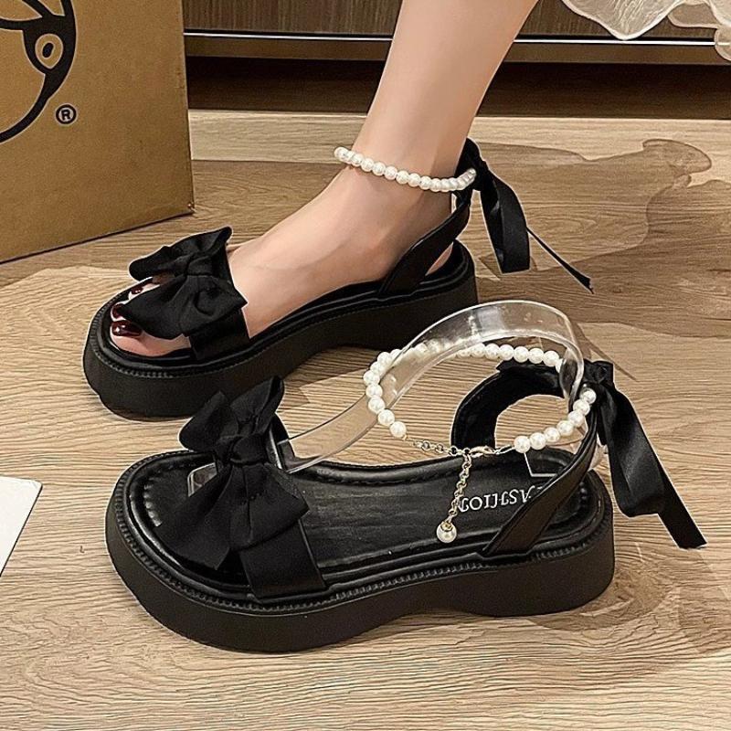 SyfIyno Bow Sandals Women's New Summer Sandals One Strap Thick Bottom Pearl Buckle Fashion Open Toed Roman Women's Shoes