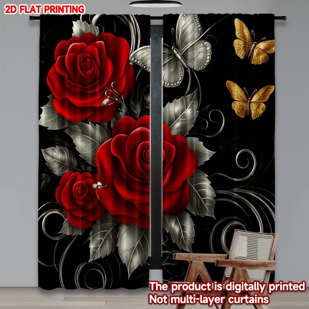 

Набор из 2 плотных печатных оконных штор «С Днем святого Валентина» Романтические красные и белые розы Бабочка Цифровая печать Полиэстеровые шторы Изготовлены W100*H70(CM)-Rod Pocket&2PCS
