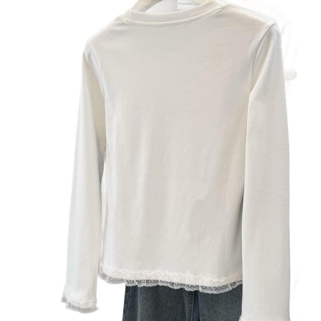 Women's Slim Fit Thermal White Lace Long Sleeve Top - Korean Style for Autumn/Winter