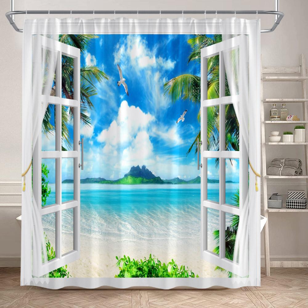 Hawaii Beach Shower Curtain Tropical Palm Leaves Blue Ocean Summer Holiday Nature Scenery Bathroom Curtains Polyester Home Decor