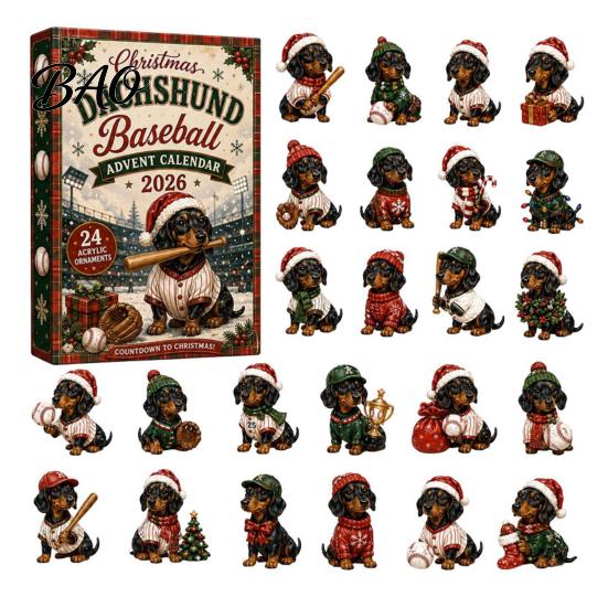 Acrylic Hanging Ornaments for Tree 2026 Dachshund Advent Calendar, 24 Days Baseball Dog Figures Lover Holiday Gifts Christmas Countdown Collectible