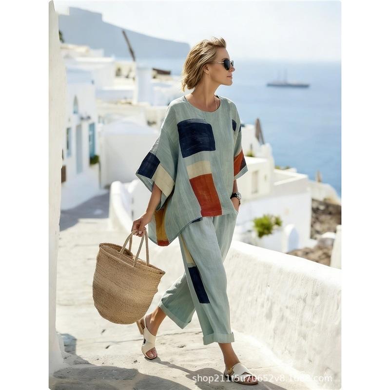 Y1 Women's Clothing, Bohemian Printed Crew Neck Medium Sleeve Set 1116 Summer Comfortable Casual Two-piece Set Europe and America