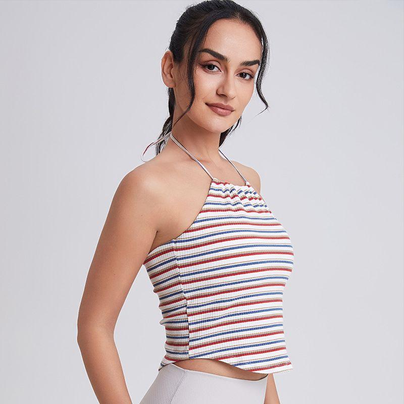 

Spring and Summer New Arrival Knitting One-Piece Sports Sling Beauty Back Vest Fitness Yoga Running Exercise Underwear Women s Top Apricot White Strip XL