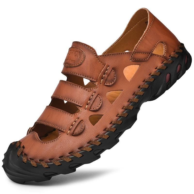 

Новые летние мужские кожаные сандалии с закрытым носком из натуральной кожи с мягкой подошвой для пляжного вождения с вырезом большого размера, повседневная обувь 46 коричневый