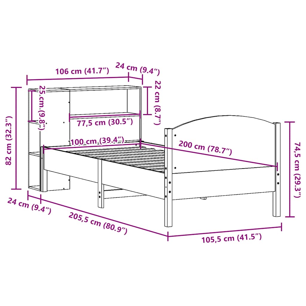 Solid Wood Bed with Shelf Without Mattress Wax Brown 100 x 200 cm