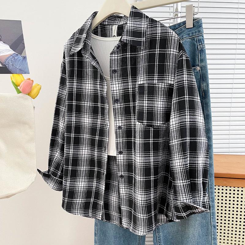 Plaid shirt women's spring and autumn new American loose trend fashion retro ruffian handsome design long-sleeved top jacket