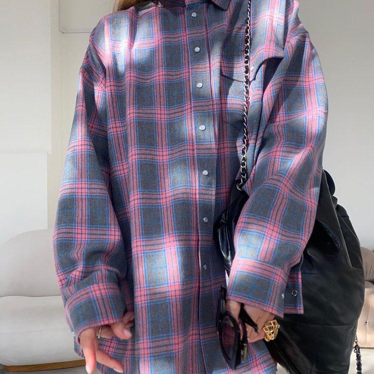 Autumn Winter Fashion Loose Lapel Women V  Plaid Shirt  Pocket Shirt Fit Blouse Vintage Long Sleeve Plus Size