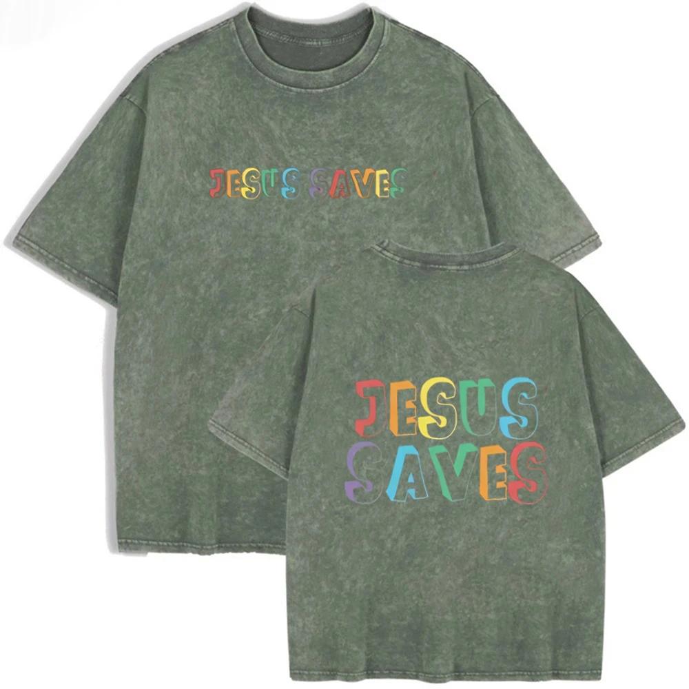 Vintage Spłowiony Dwustronny T-shirt Kolorowy Jezus Zbawca Oversize Chrześcijańska Wiara Streetwear Krótki Rękaw