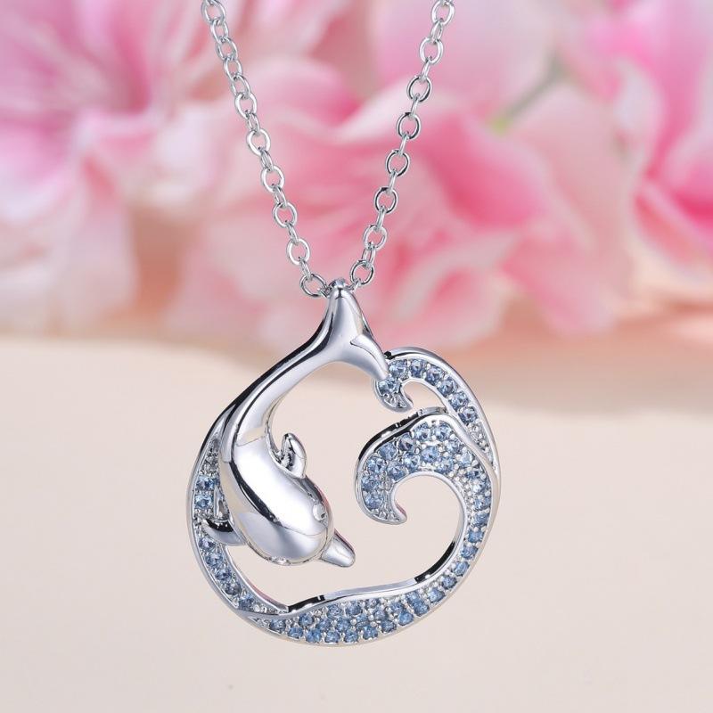 Popular Women's Simple Versatile Palladium White K Sea Blue Diamond Dolphin Wave Necklace