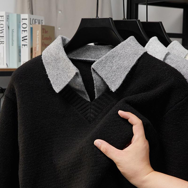 Men s Contrast Color Lapel Fake Two Piece Sweater Original Design Minimalist British Style Knitwear Men swear M