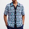 Camisa Casual de Botão para Homem Vintage Tricotada Golfe Praia Camisas com Gola Tops Crochê Vazado Top de Férias de Verão Camisa de Tricô de Manga Curta Masculina