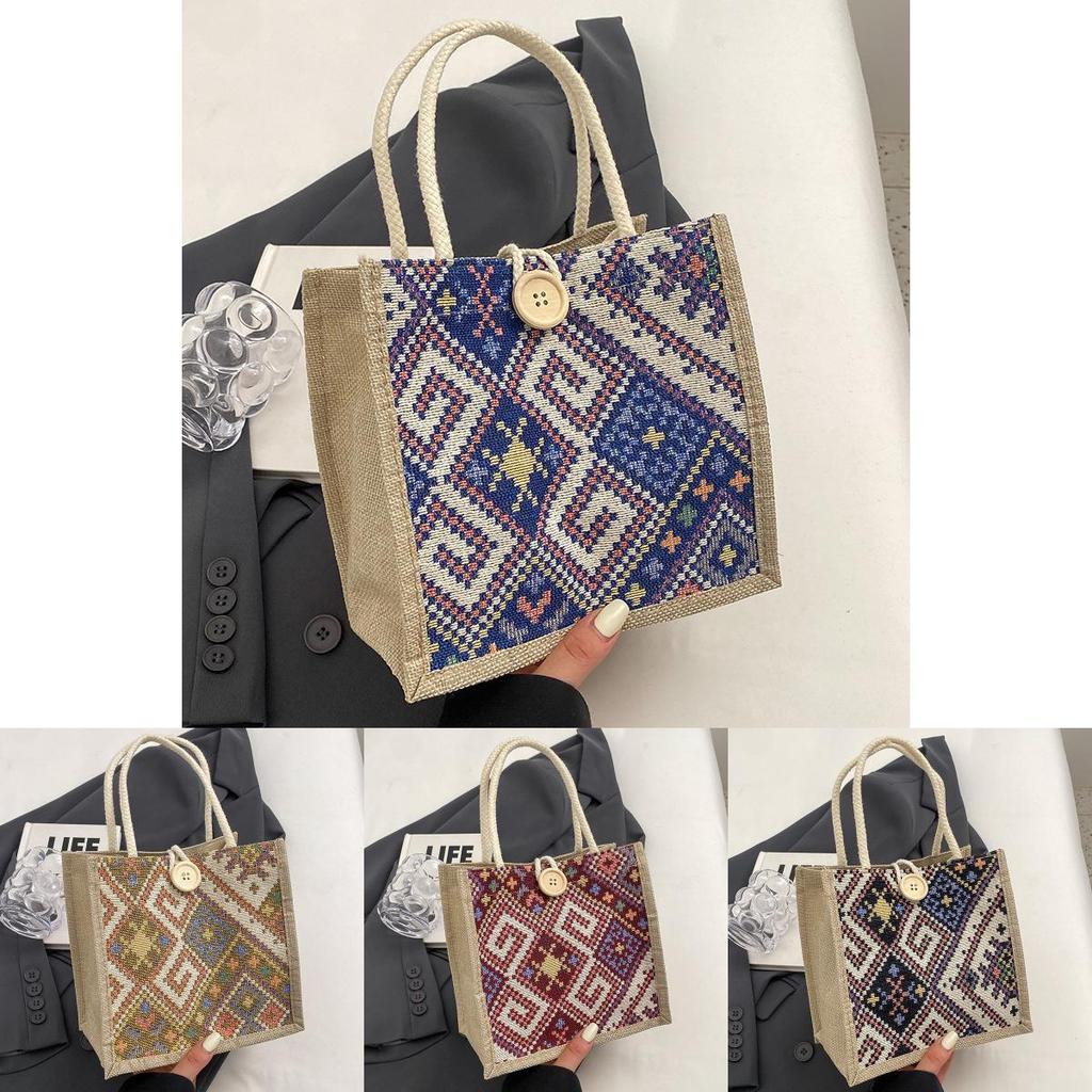 Fashionable Ethnic Style Canvas Bag For Women Small Square Bag With Button Closure