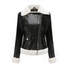 Giacca in finta pelle da donna, foderata in pile, calda, a maniche lunghe, vestibilità attillata, cappotto corto, elegante, colletto con revers accorciato, cerniera, bomber casual, in nero