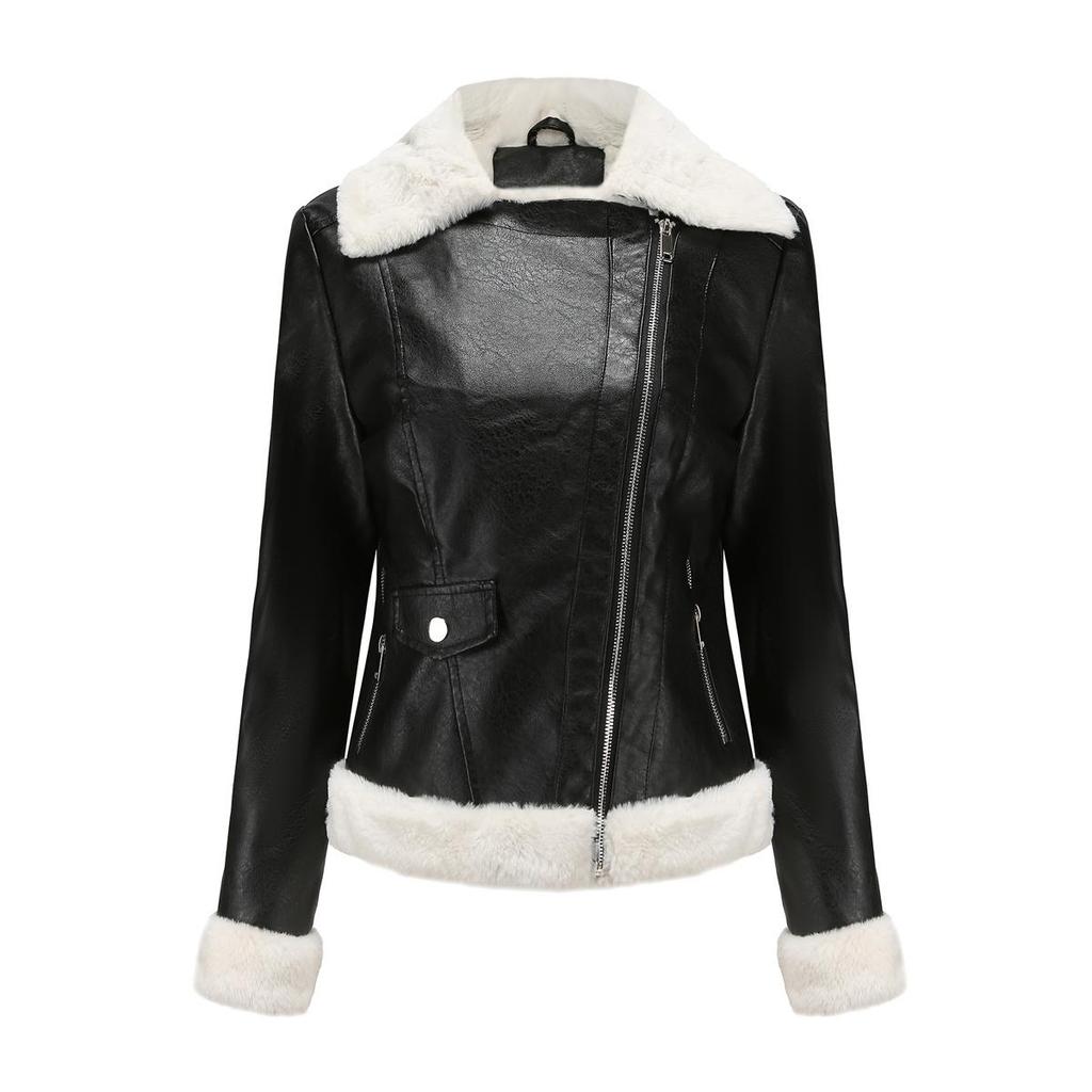 Giacca in finta pelle da donna, foderata in pile, calda, a maniche lunghe, vestibilità attillata, cappotto corto, elegante, colletto con revers accorciato, cerniera, bomber casual, in nero