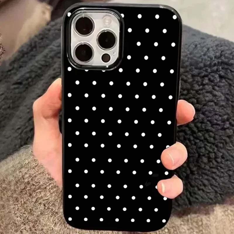 Korean INS White Polka-Dot Phone Case For iPhone 17 16 Pro 15 14 Plus 13 12 11 Pro Max X XS 7 8 Plus Black Shockproof Soft Cover