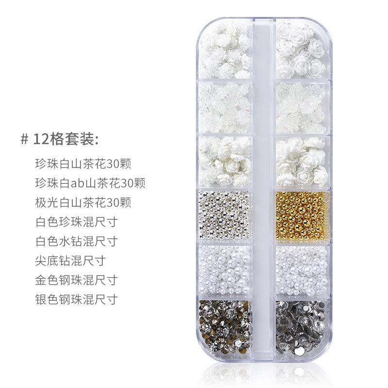 Camellia Nail Art Jewelry White Rose Flower Three-Dimensional Nail Decoration Nail Art Diamond Combination Set