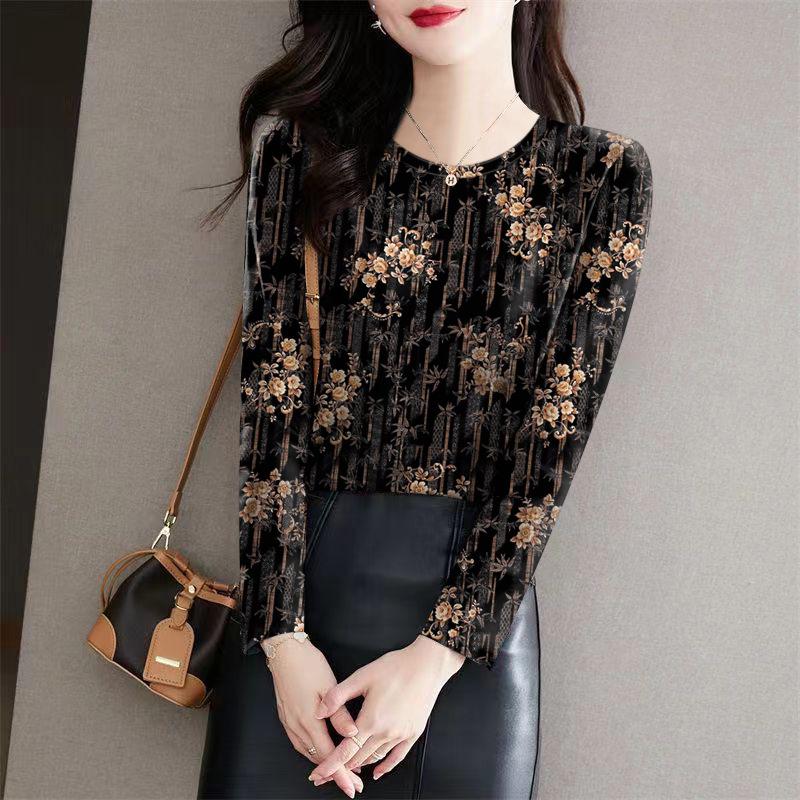 Women's Floral Long Sleeve Round Neck Base Layer Top - Milk Silk