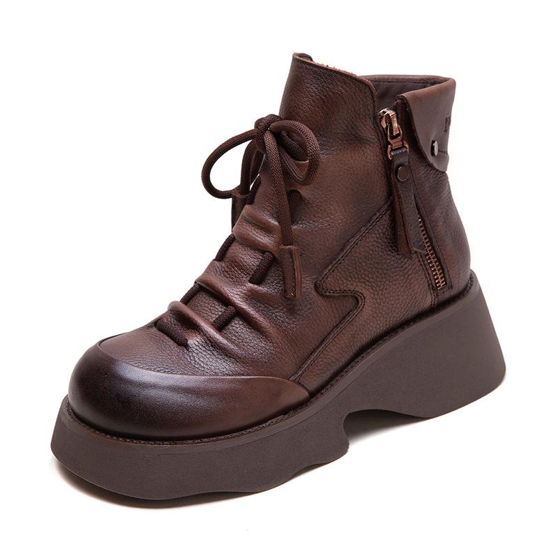 Fashion GKTINOO 2025 Echtleder Plateau Stiefel Frühling Herbst Handgefertigt Dicke Sohle Stiefeletten Schnürschuhe Runde Zehenpartie Damenschuhe