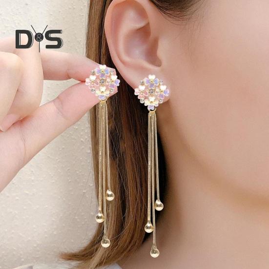 1 Pair Women Hanging Earrings 3D Clover Shape Tassel Faux Crystal Electroplated Anti-allergy Lightweight Ear Decoration Jewelry Party Prom Long
