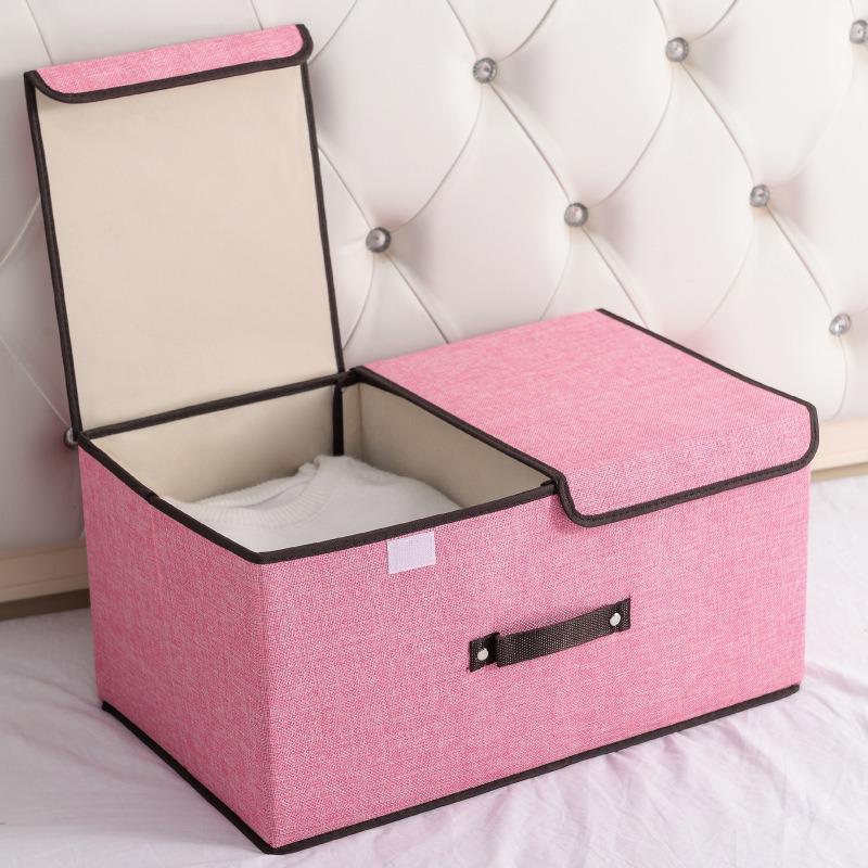 Foldable Cotton & Linen Double-Lid Storage Box with Handle for Clothes and Pants