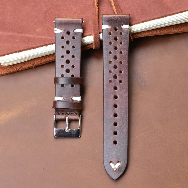 

Porous Leather Watch Band 19mm 20mm 22mm 24mm Breathable Watch Strap Handmade Stitching Quick Release Watchbands Black Brown Red 24mm