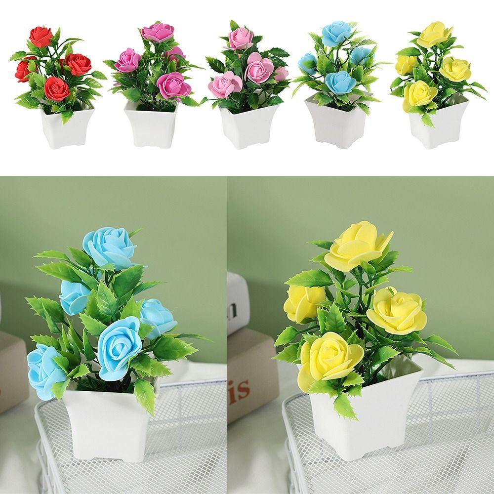 Minilandschaft Künstliche Rose Topfpflanze mit Töpfen Künstlicher Rosen-Bonsai Deko-Set Außendekor