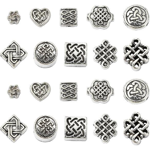 KitBeads 100Pcs 10 Styles Tibetan Chinese Knot Round Beads Metal Celtic Knot Square Rectangle Spacer Beads for Jewelry Making Bracelets Earrings