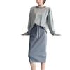 Lady Fashion Women Long Sleeve Split 2 Piece Set Casual Stripe Outfit Skirt