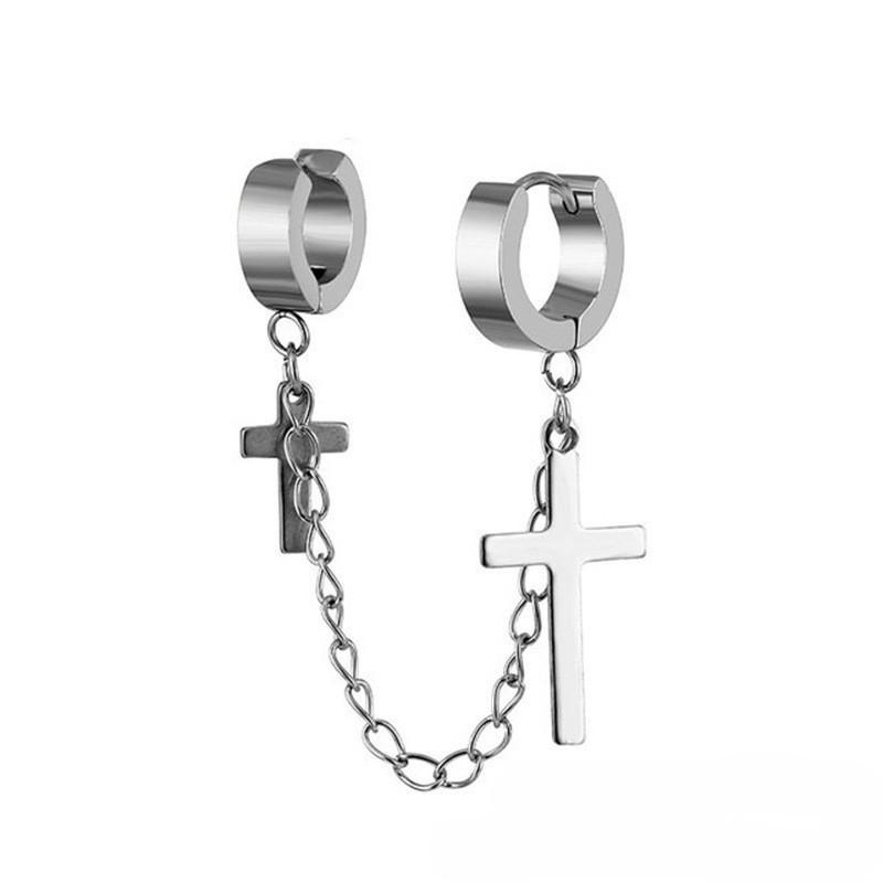 Earring with Chain Hook, Male Style, Titanium and Steel Cross-shaped, Trendy Stud Earrings, Retro Stainless Steel, Hip-hop Style Pendant Earrings