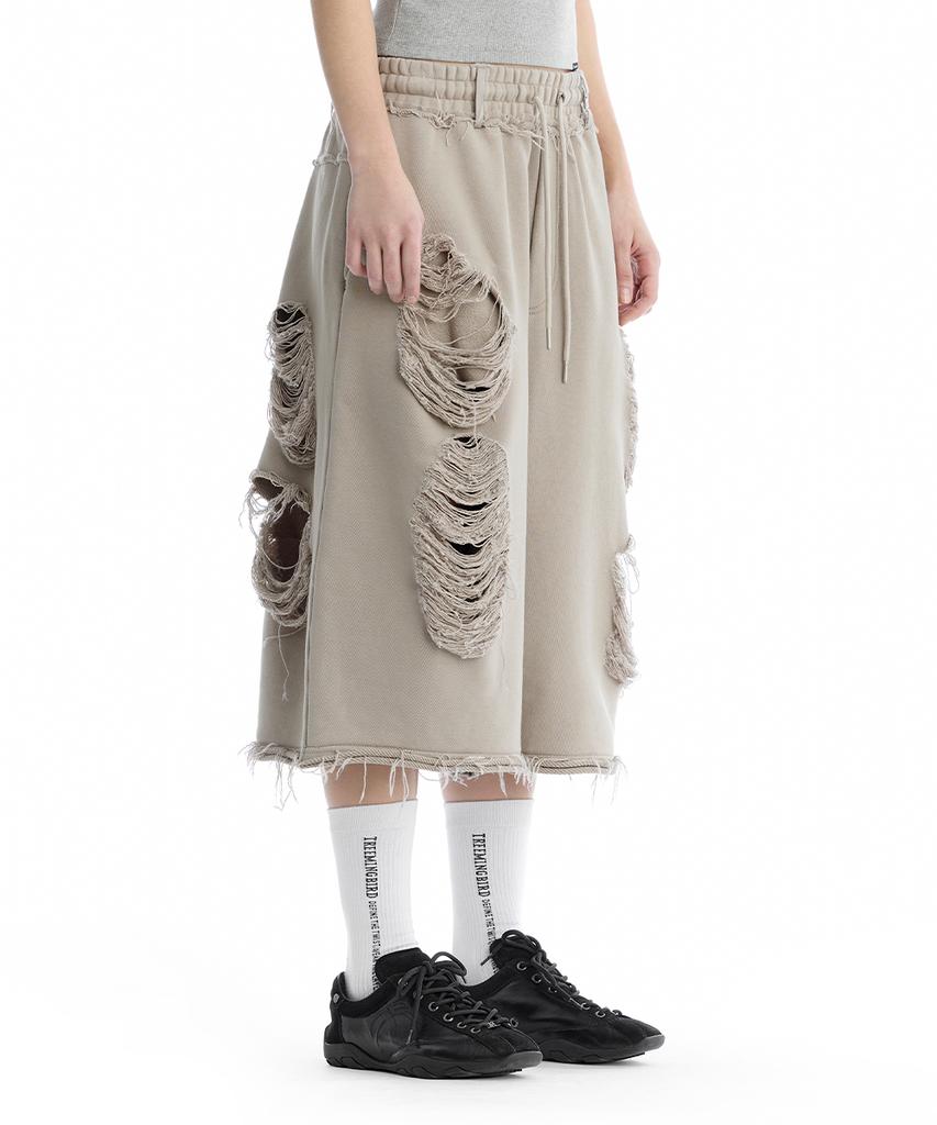 Teulimingbeodeu Scratch Damage Bermuda Sweat Pants [ Beige ]