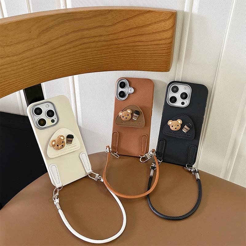 Coffee Bear Airbag Bracket Phone Case for IPhone 16 Promax Phone Case for Apple 15 Handheld Rope 17