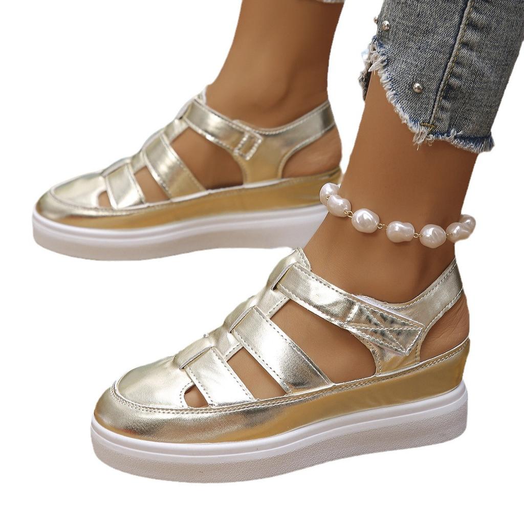 Summer women's Slope heel thick soled toe sandals Roman Baotou Casual Cool Single Shoes Thick Bottom Velcro Beach Sandals for Women