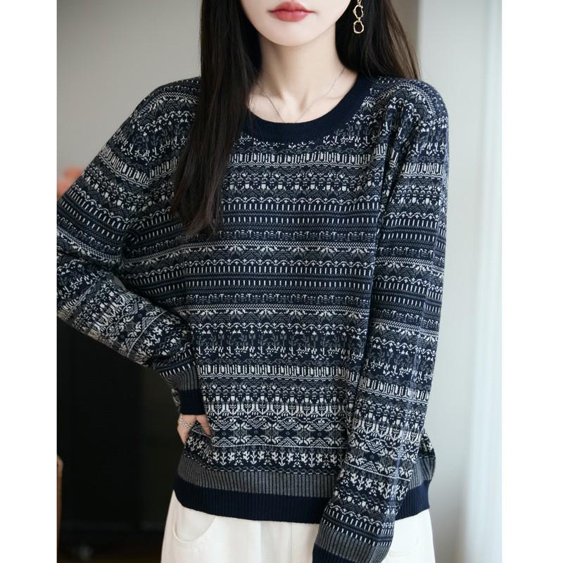 Womens Retro Fair Isle Knit Sweater Loose Fit Wool Blend Pullover Winter Casual Top