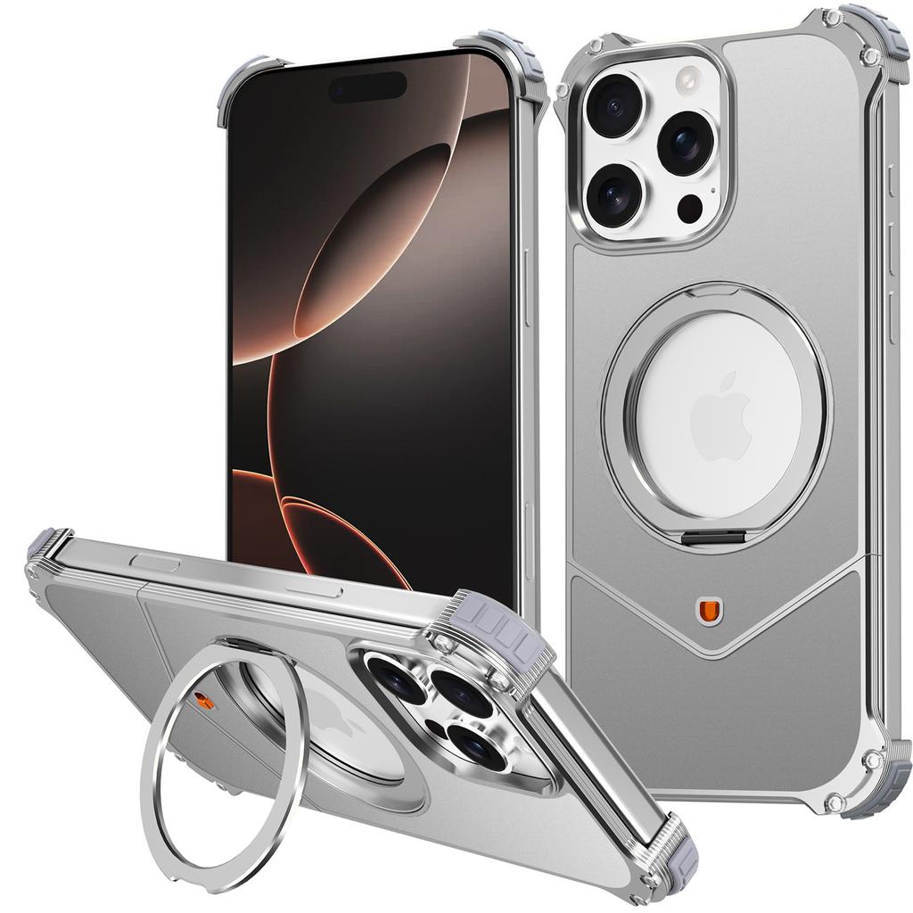 For iPhone 16 Pro Max Case PC + Metal Boardless Phone Back Cover with Kickstand