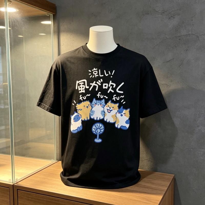 2026 New Comfort WoUnisex T-shirts Street Creative Blow Fan Cat Printing Tees Summer O-Neck Tops Fashion Casual Female Clothes Tee
