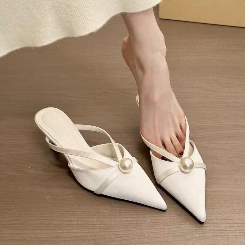 

Fashion New Style Elegant High Heels Slippers Pearl Pointed Toe Women Mules Shoes Sexy Sandals Summer Pumps Dress Flip Flops Sandals 35