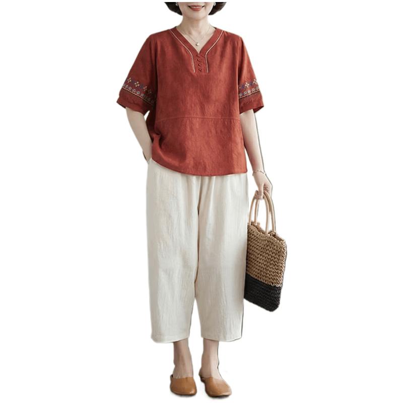 AEMAPE Women s Ethnic Embroidered Cotton Linen Two-Piece Set XXL