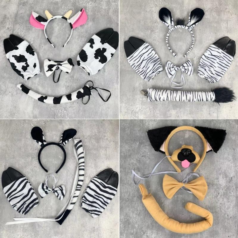 Deer/Elephant/Cheetah/Bear/Dog/Leopard Costume Set Ear Headbands Tail Bows Halloween Christmas Animal Cosplays Costume