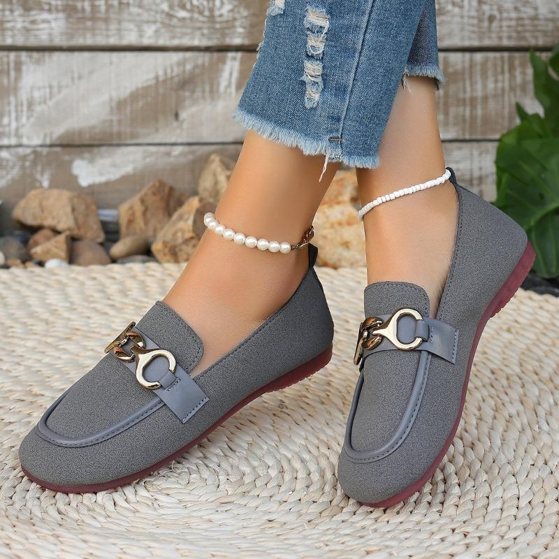 Women's Shoes Spring and Autumn New Korean Round Toe Shallow Metal Buckle Low Heel Flat Comfortable Casual Single Shoes