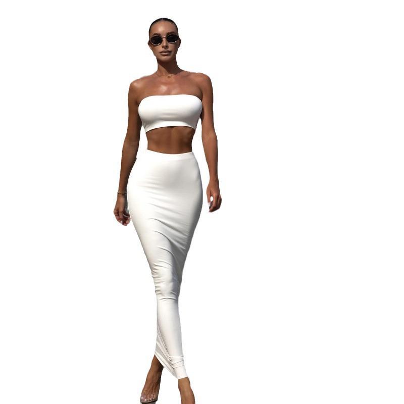 2025 Summer European Two-Piece Set: Solid Bandeau Top & High-Waisted Slim Long Skirt