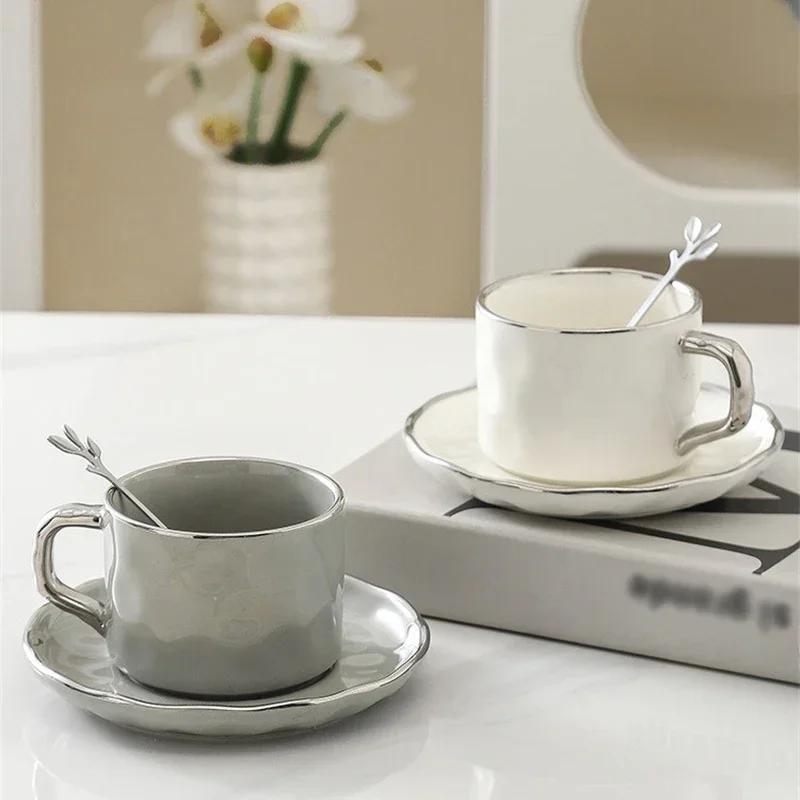 230ml Coffee Cup Saucer Set with Spoon European Style Gold Rimmed Household Ceramic Mug Afternoon Tea Coffee Milk Cup Saucer