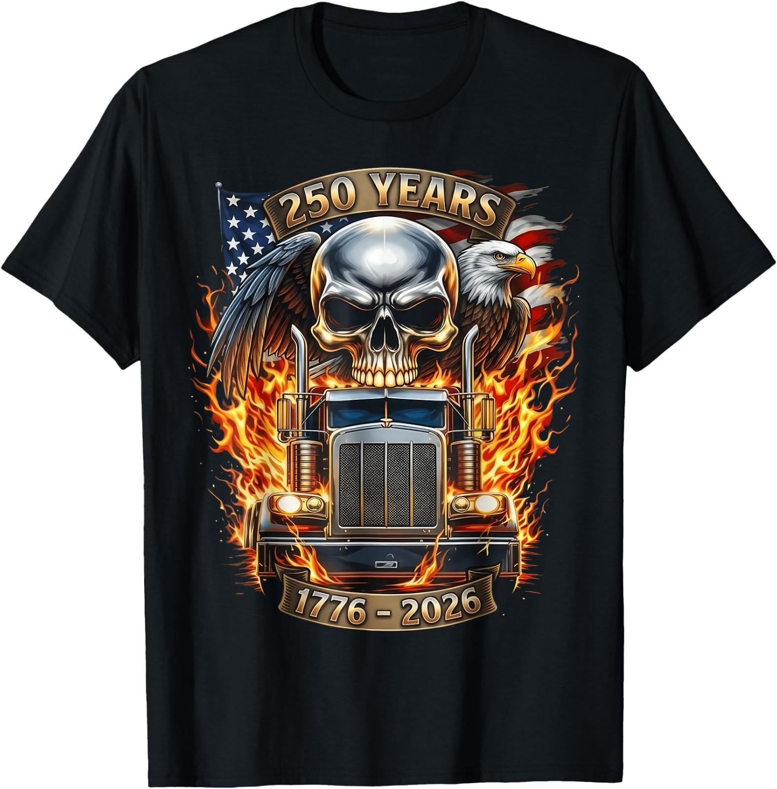 Patriotic Trucker Skull Semi Truck American Flag Driver T-Shirt S